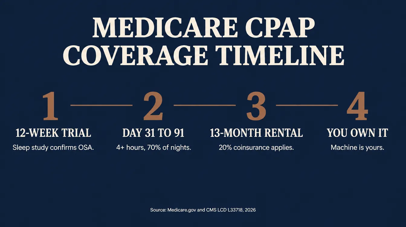 Infographic showing the Medicare CPAP coverage timeline: a 12-week trial where a sleep study confirms OSA, a day 31 to 91 check requiring 4-plus hours of use on 70 percent of nights, a 13-month rental with 20 percent coinsurance, and full ownership after 13 months, sourced from Medicare.gov and CMS LCD L33718 for 2026