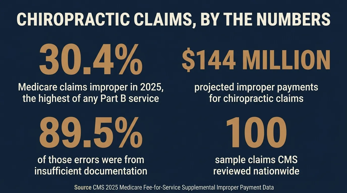 Stat card titled Chiropractic Claims, by the Numbers. 30.4 percent of Medicare claims improper in 2025, the highest of any Part B service. 144 million dollars projected improper payments for chiropractic claims. 89.5 percent of those errors were from insufficient documentation. 100 sample claims CMS reviewed nationwide. Source CMS 2025 Medicare Fee-for-Service Supplemental Improper Payment Data.