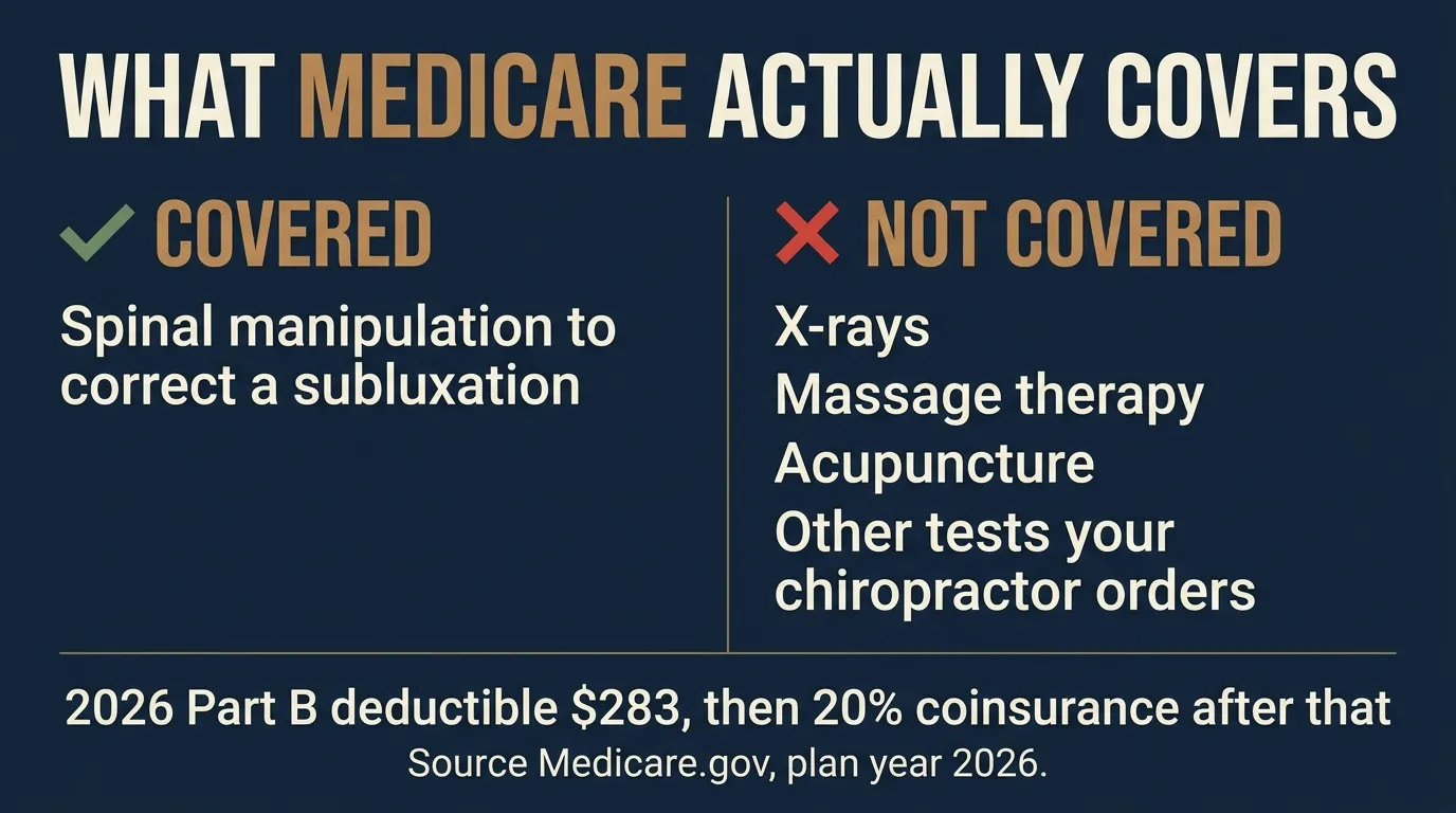 Infographic titled What Medicare Actually Covers. Covered column: spinal manipulation to correct a subluxation. Not covered column: x-rays, massage therapy, acupuncture, other tests your chiropractor orders. Cost strip: 2026 Part B deductible 283 dollars, then 20 percent coinsurance after that. Source Medicare.gov, plan year 2026.