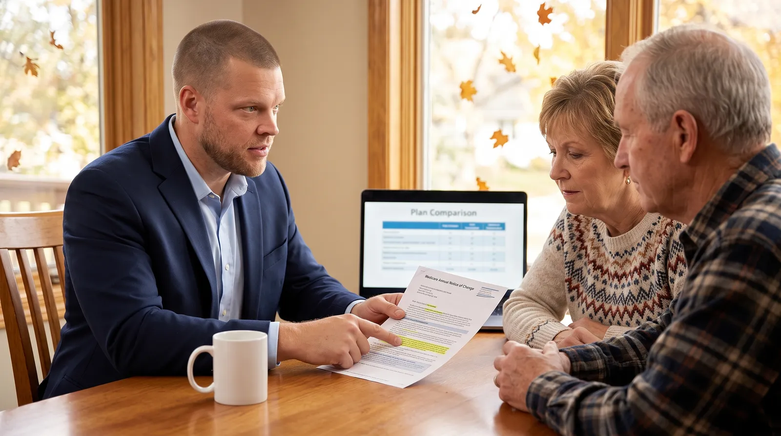 A Big Sioux Benefits advisor reviewing a Medicare Annual Notice of Change letter with a senior couple at their kitchen table in Sioux Falls