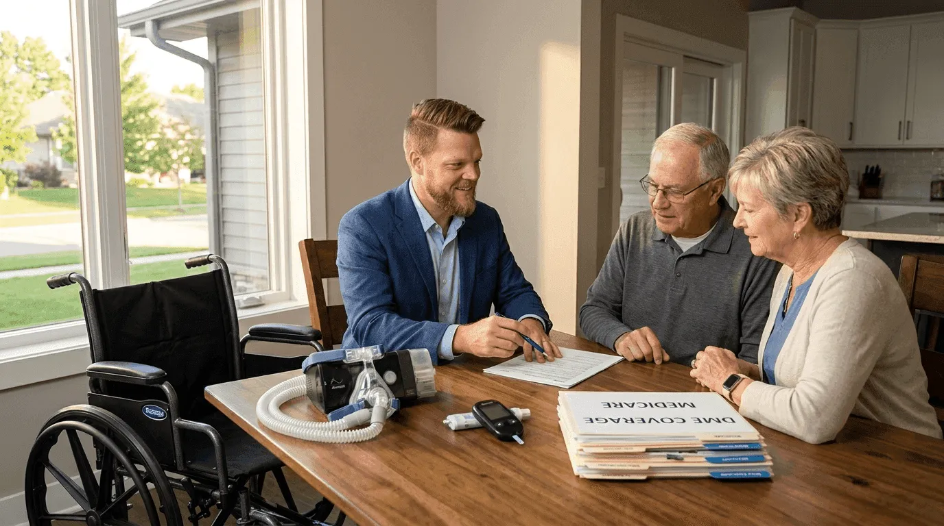 Big Sioux Benefits advisor Mike sitting with a retired couple reviewing Medicare durable medical equipment coverage options including a CPAP machine and blood glucose monitor on the table