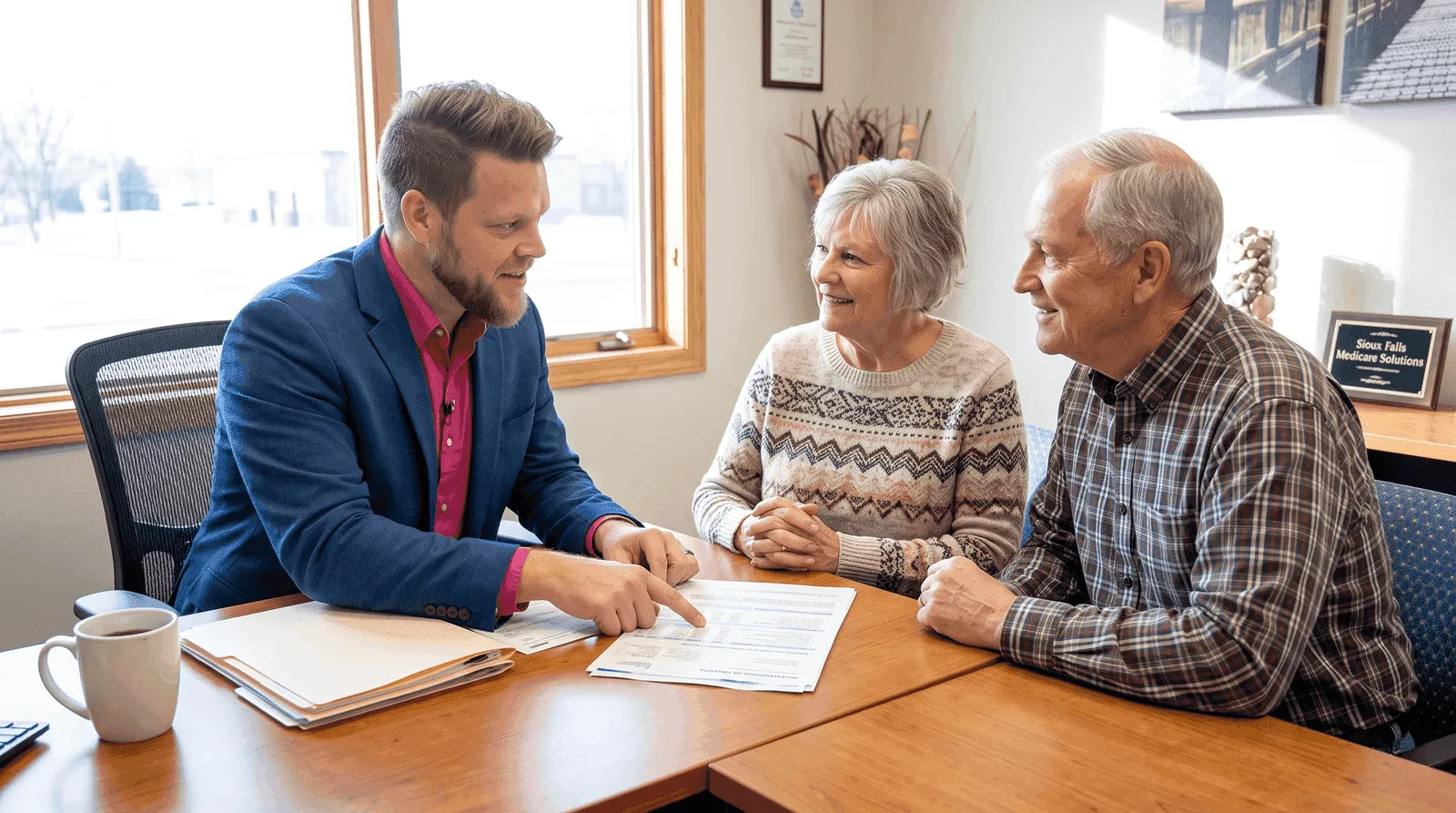 Big Sioux Benefits advisor explaining a Medicare Explanation of Benefits statement to a senior couple at a desk in Sioux Falls
