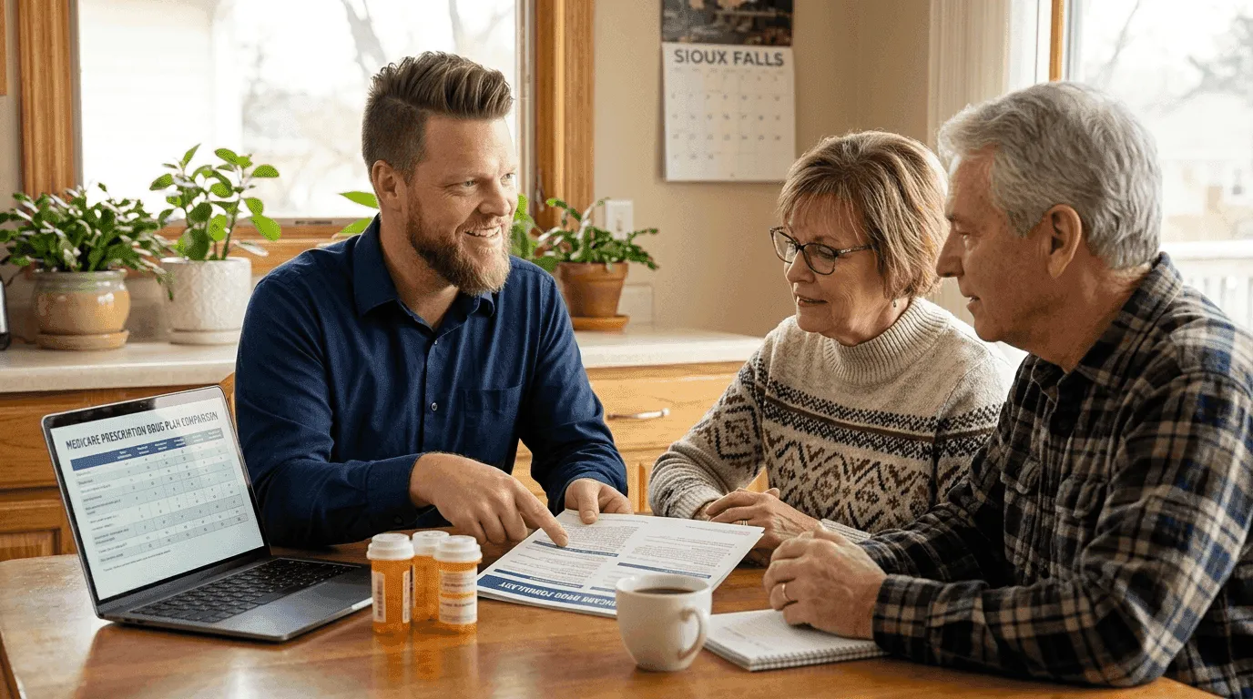 Big Sioux Benefits advisor Mike sitting at a kitchen table with a retired Sioux Falls couple reviewing a Medicare drug formulary and prescription plan comparison on a laptop, medication bottles visible on the table