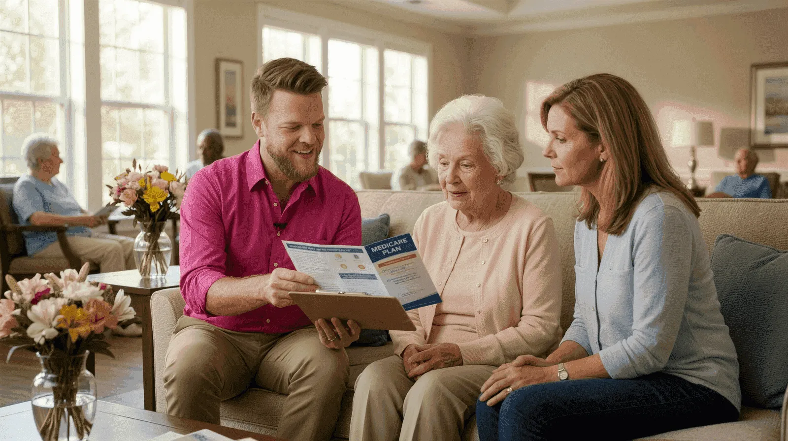 Big Sioux Benefits advisor Mike sitting with an elderly nursing home resident and her daughter, reviewing a Medicare I-SNP plan brochure on a clipboard in a bright nursing home common room