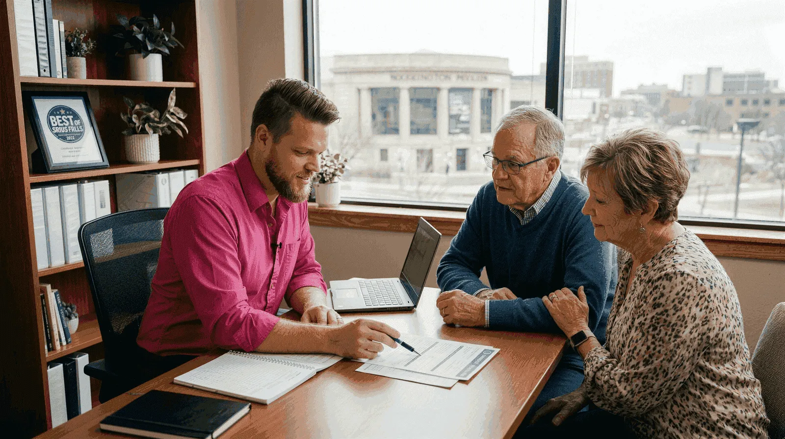 Big Sioux Benefits advisor helping a concerned senior couple review Medicare late-enrollment penalty paperwork at a Sioux Falls office