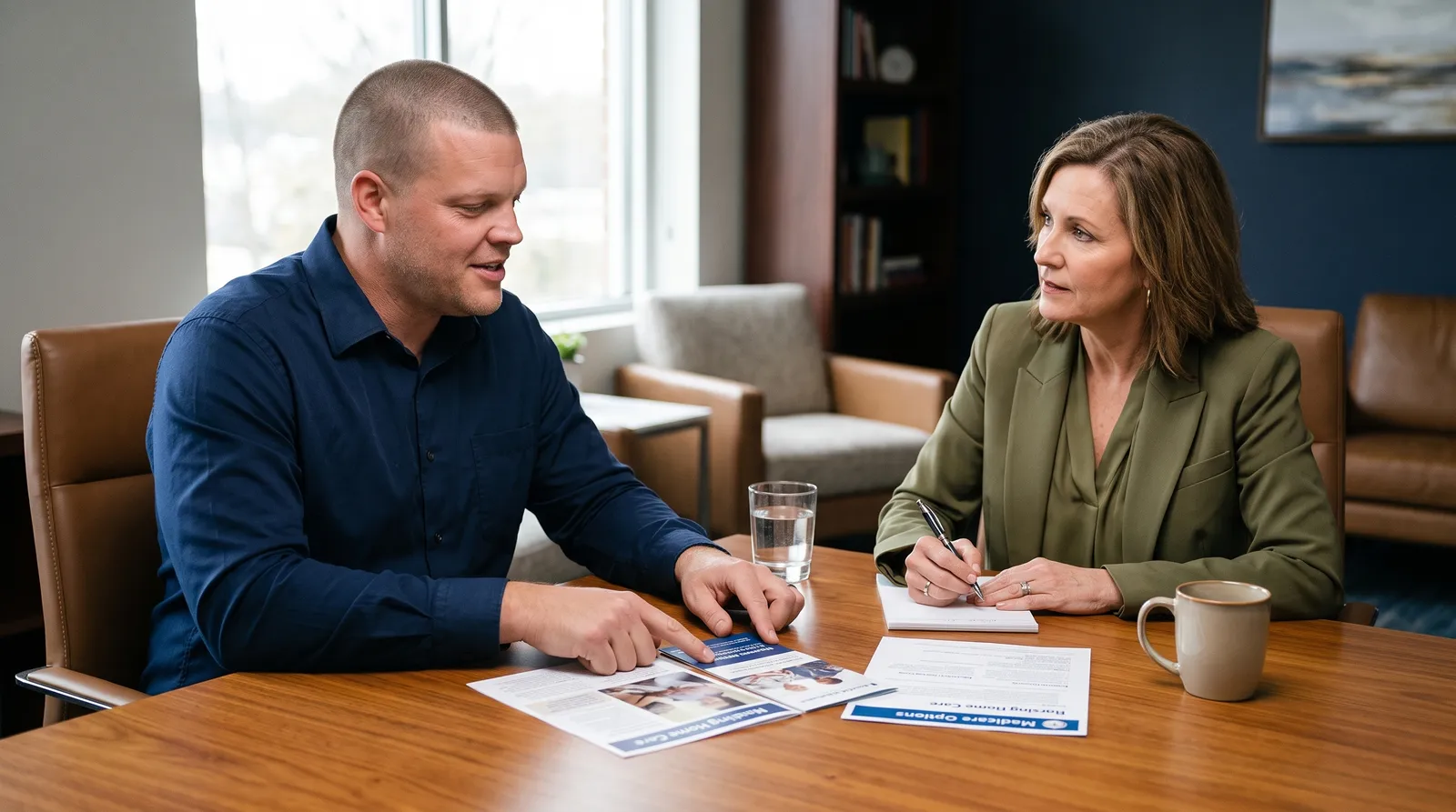 A Big Sioux Benefits Medicare advisor sitting across a wooden conference table from an adult daughter, reviewing a nursing home brochure and a printed Medicare document together in a warm, softly lit office