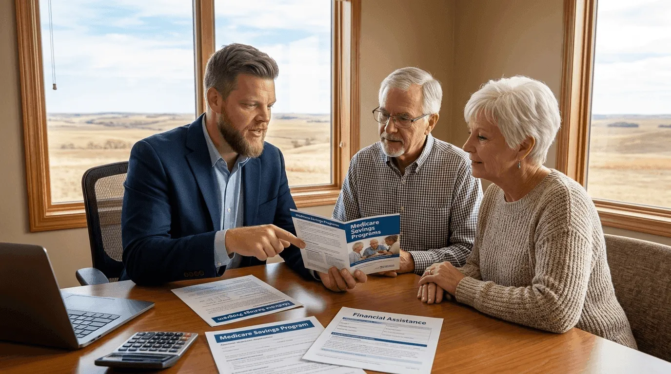 Big Sioux Benefits advisor Mike sitting with an older couple at a desk, reviewing Medicare Savings Program paperwork and options