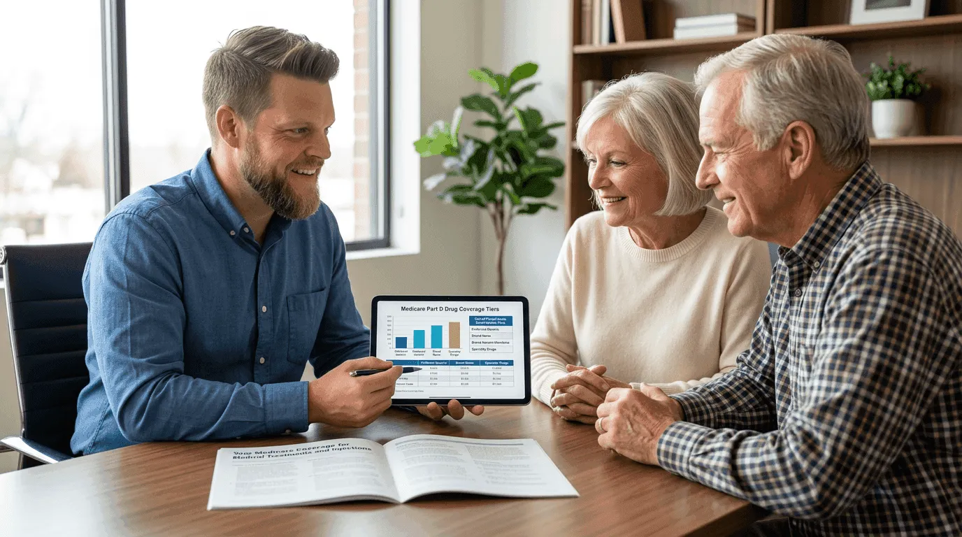 Big Sioux Benefits advisor Mike reviewing Medicare Part B drug coverage options with an older couple at a consultation table in his Sioux Falls office
