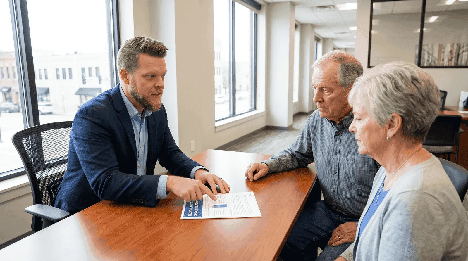 Big Sioux Benefits advisor Mike explaining Medicare Part B outpatient costs to a retired couple reviewing a cost worksheet at his Sioux Falls office