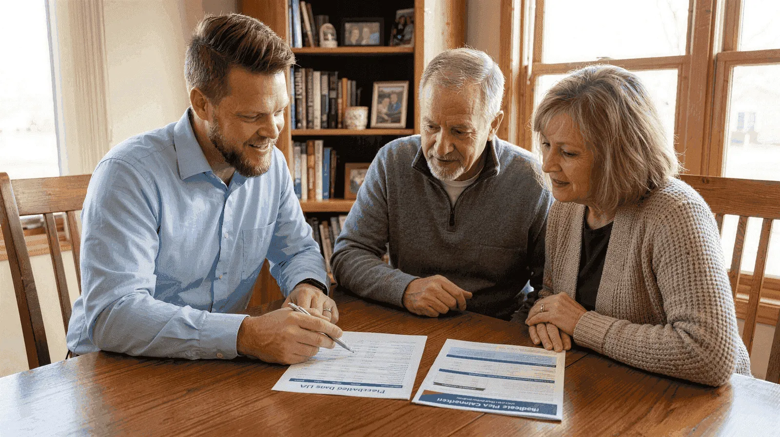 Big Sioux Benefits advisor Mike reviewing a Medicare Part D prescription drug plan with an older couple at their Sioux Falls kitchen table