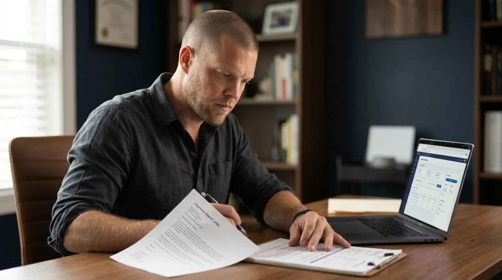 A Big Sioux Benefits advisor reviewing a Medicare prior authorization denial letter and appeal documents at his desk in Sioux Falls