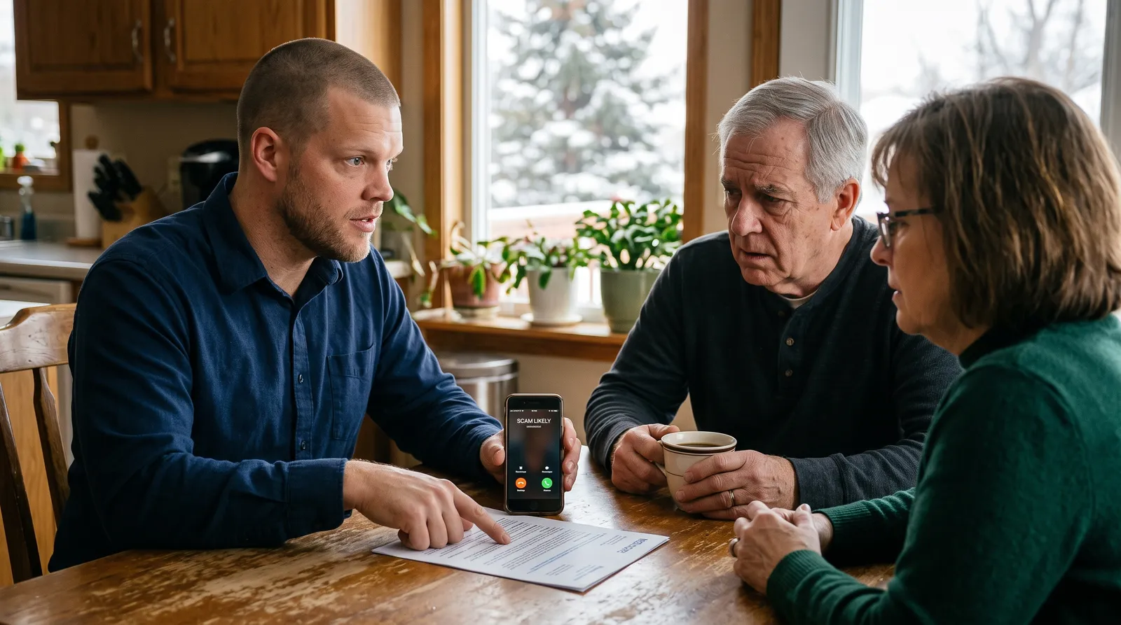 A Big Sioux Benefits advisor sitting at a kitchen table with an older couple in Sioux Falls, reviewing a suspicious Medicare letter and phone number together