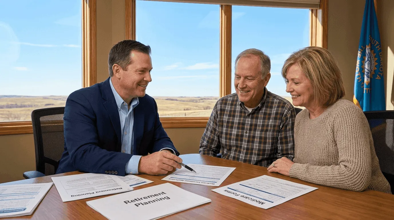 Big Sioux Benefits advisor Mike reviewing Medicare plan options with a couple at their kitchen table after a life change, Medicare enrollment forms and plan documents spread on the table
