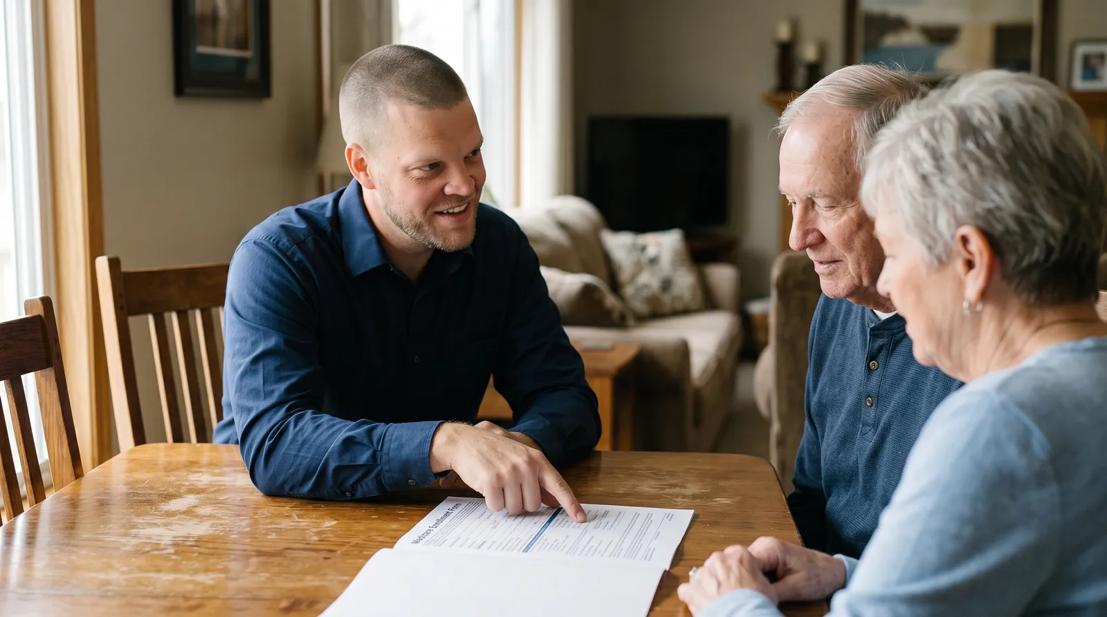 A Big Sioux Benefits advisor reviewing a Medicare enrollment form with a senior couple at their kitchen table in Sioux Falls