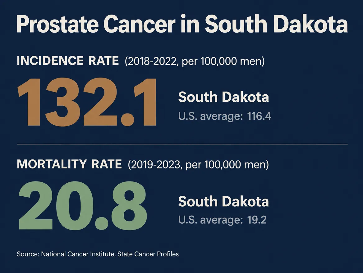 Stat card showing South Dakota prostate cancer incidence at 132.1 per 100,000 men versus a U.S. average of 116.4, and South Dakota mortality at 20.8 per 100,000 versus a U.S. average of 19.2. Source: National Cancer Institute, State Cancer Profiles.